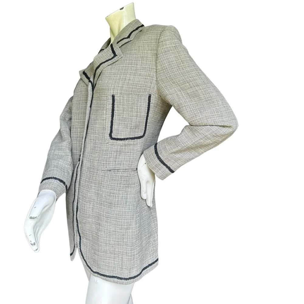 Vintage Byblos Made in Italy Linen Blend Black & Gray Fabric Trim Blazer IT 48